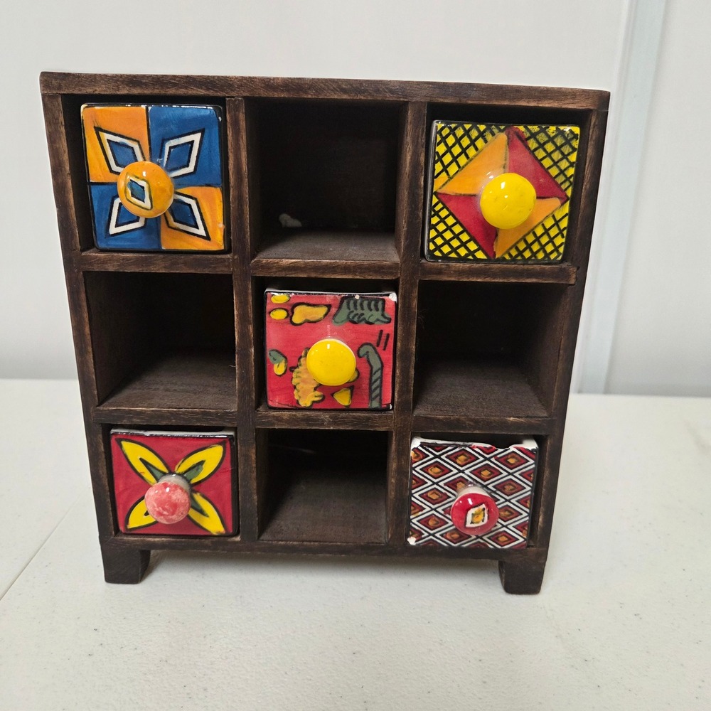 Hand Painted Ceramic Wood Spice Chest 5 Drawers India Boho Trinket Box Organizer